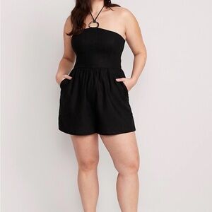 Old Navy Women’s Black Linen Blend Halter Romper NWT Medium O-Ring Cutout